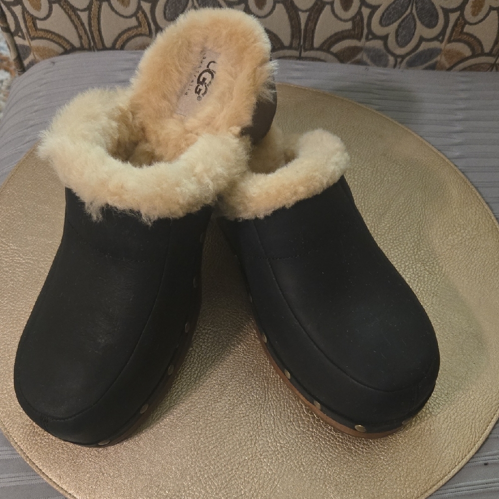 UGG Black Clogs with Cream Shearling